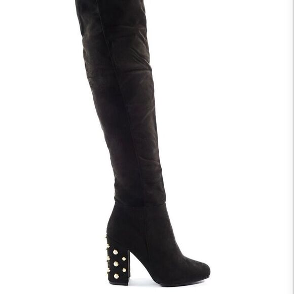 Koi Footwear Devoted Pearl Block Heel Over The Knee Boots In Black Faux Suede 5 - Picture 1 of 15